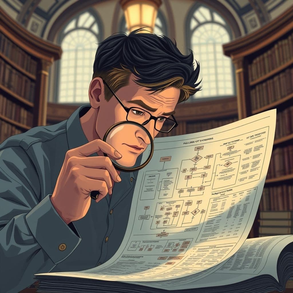 Illustration of a person analyzing logical structures.