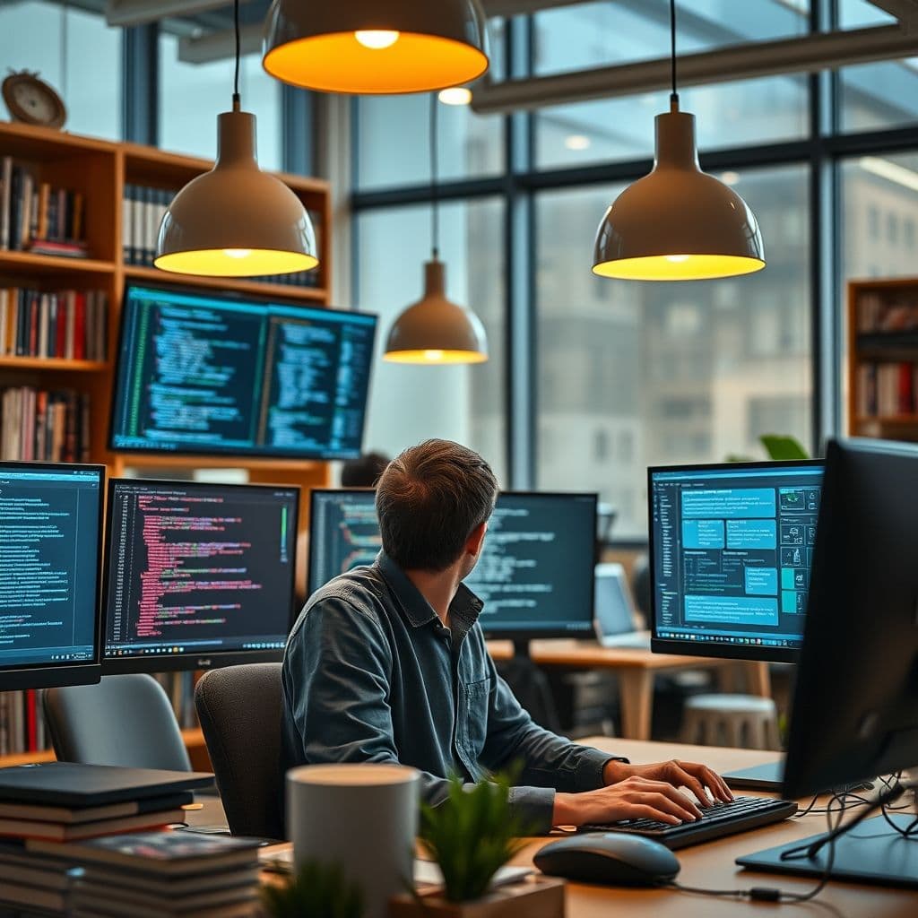 An engineer coding on multiple screens with architecture diagrams in the background.