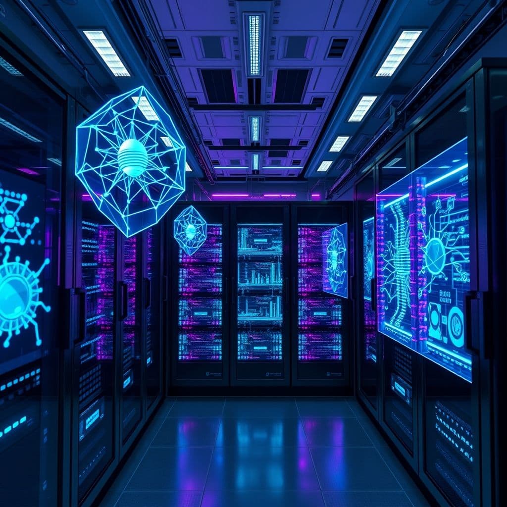 A futuristic depiction of machine learning algorithms processing data.