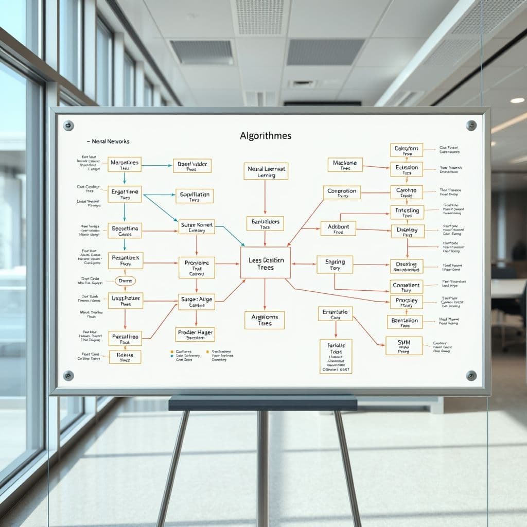 A flowchart illustrating different machine learning algorithms and their applications.