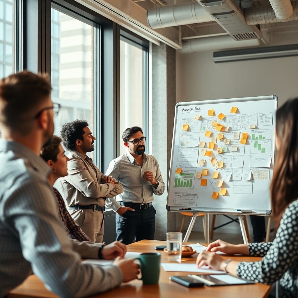A professional Associate Project Manager leading a team meeting.