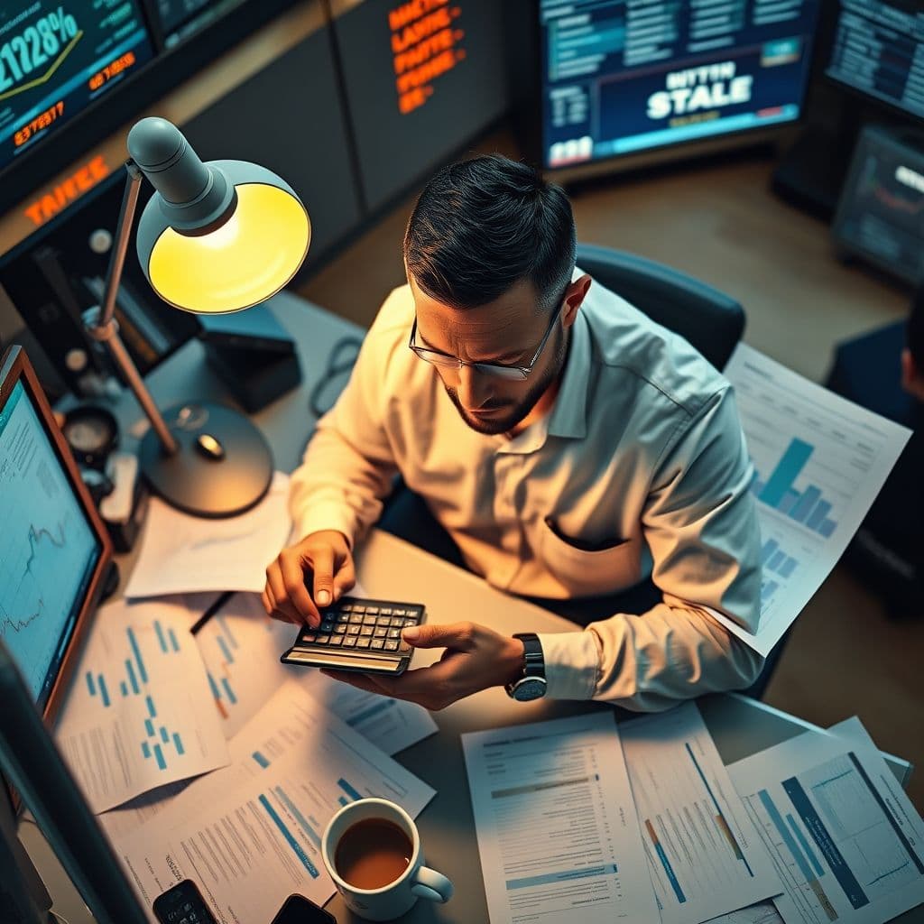 Finance professional studying financial statements and charts at desk with calculator and documents