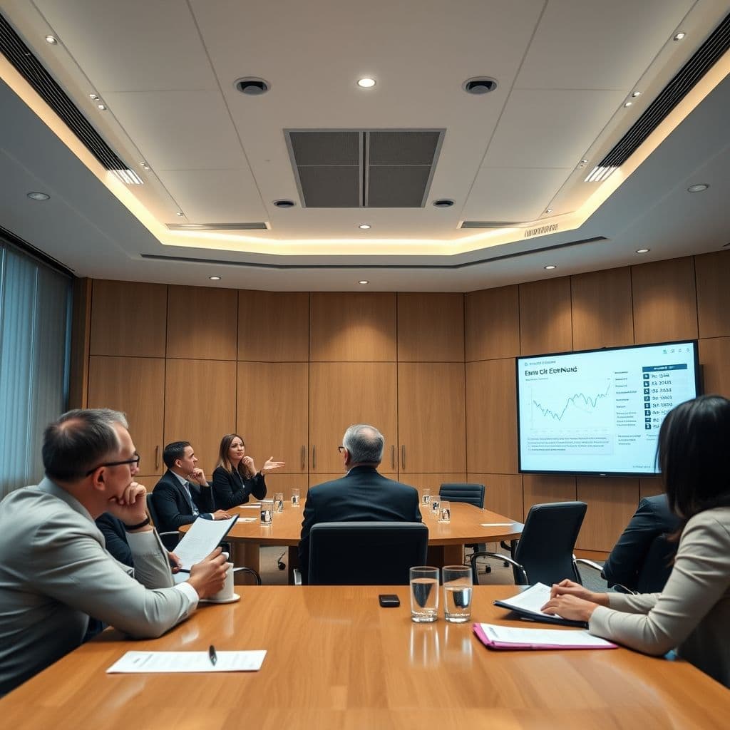 A professional presenting financial data to a team.