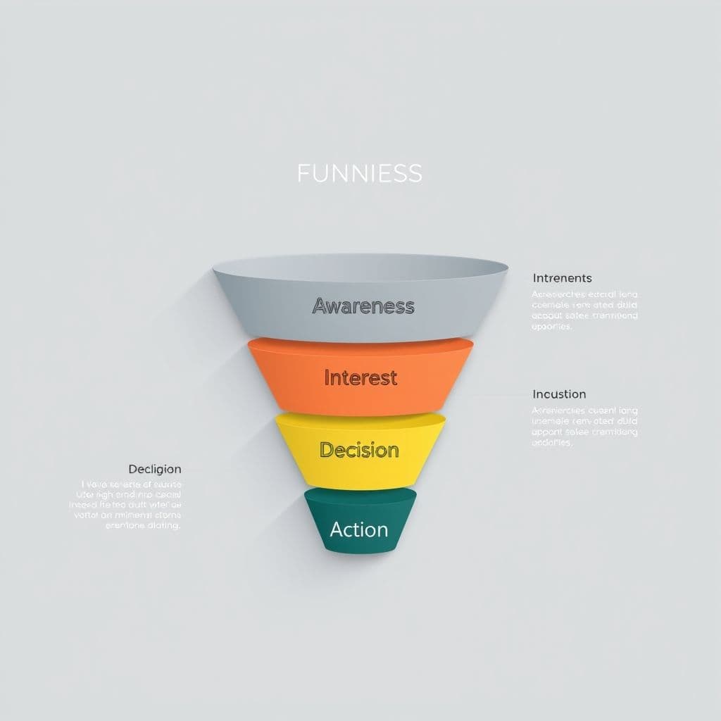 Illustration of a sales funnel with stages from awareness to purchase.