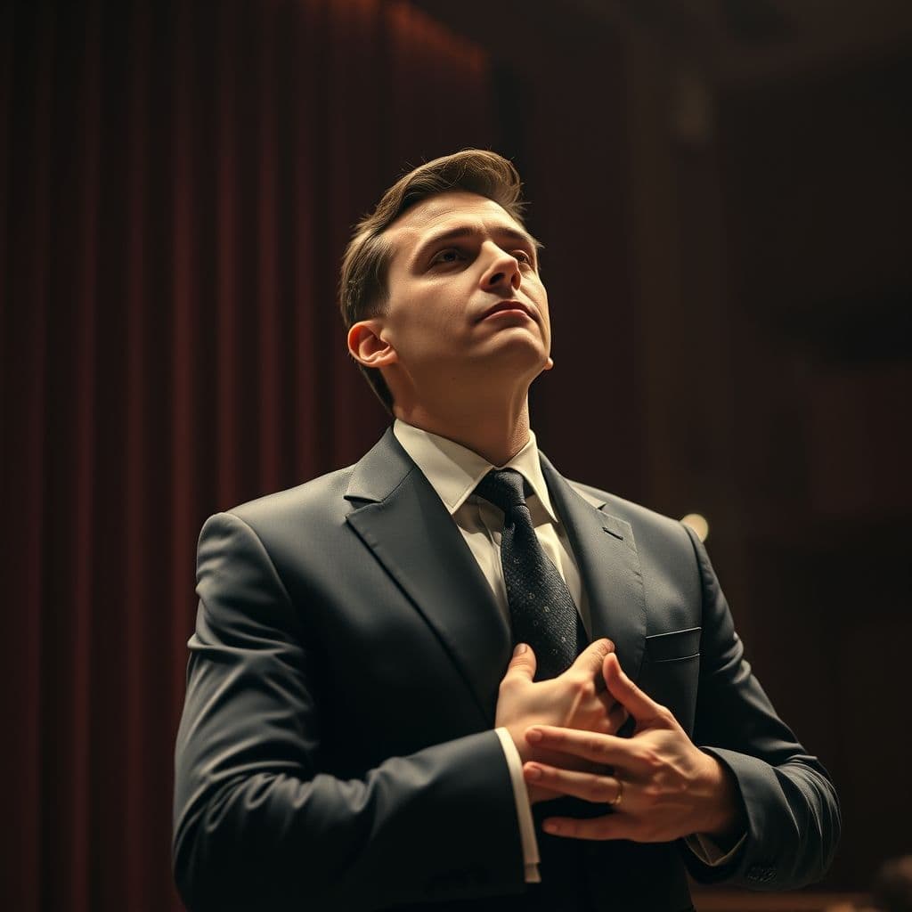 Speaker taking calming breaths backstage before a presentation