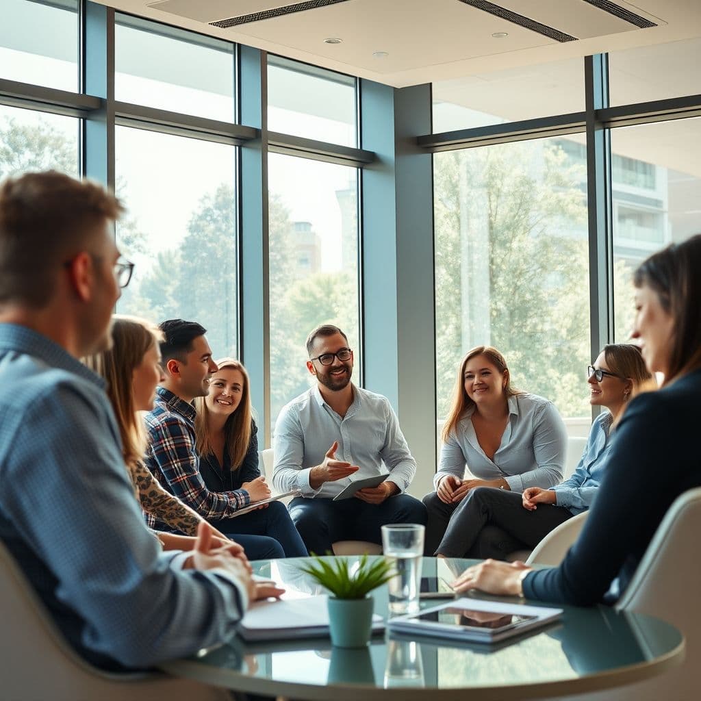 A diverse group of people engaged in a facilitated discussion, with a confident facilitator guiding the conversation.