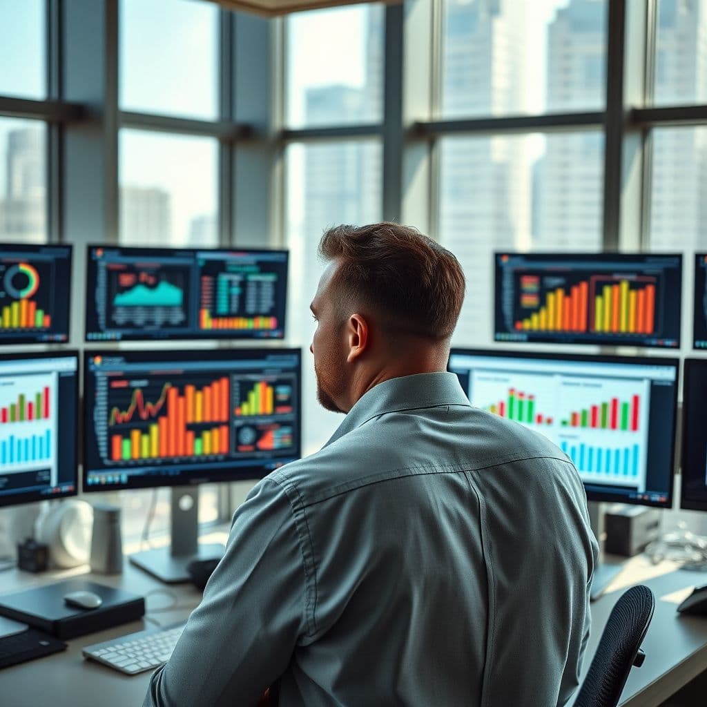 Professional analyzing compensation data with charts and graphs on multiple screens
