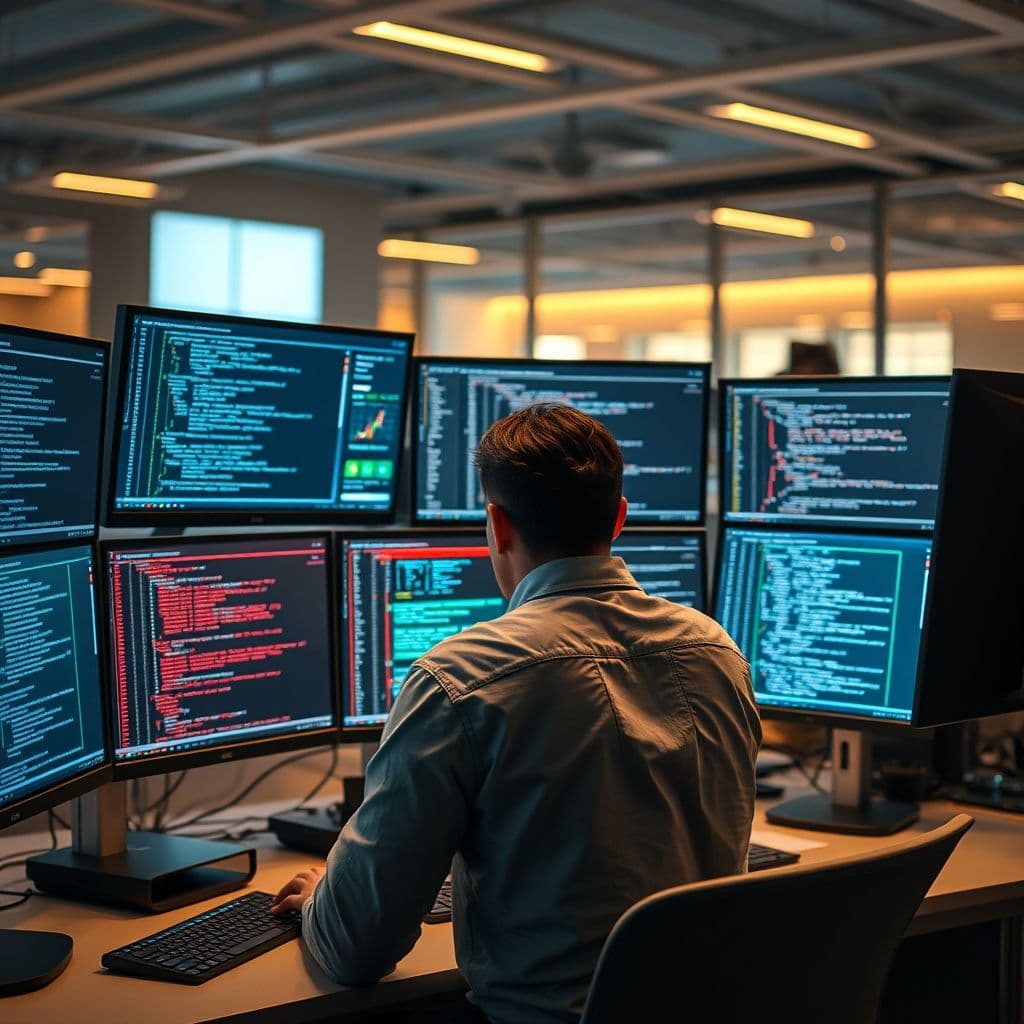 Software engineer working on prompt engineering with code on multiple screens