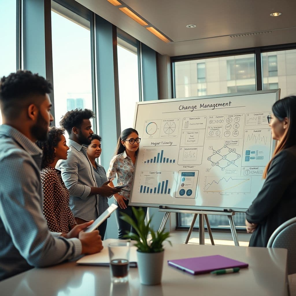 A team discussing change management strategies in a modern office setting.