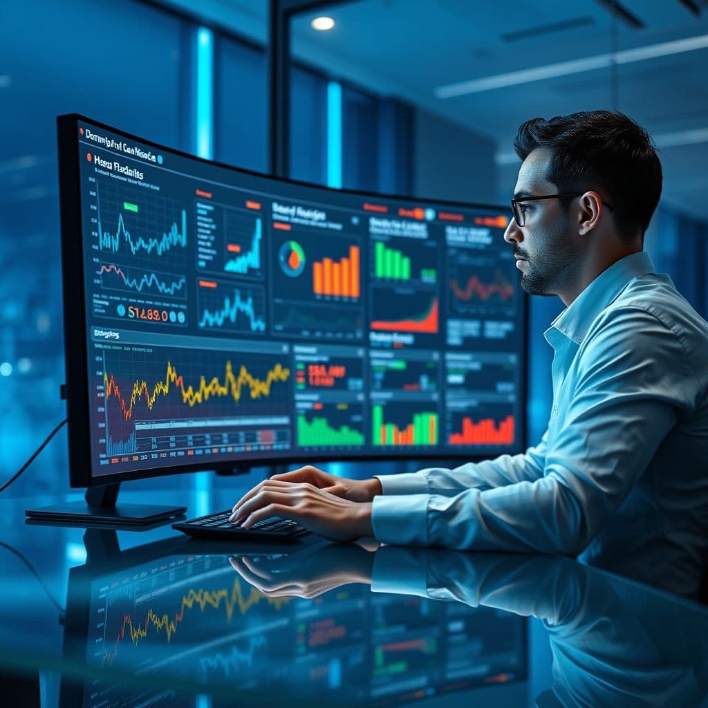 A professional analyzing data on a digital dashboard with graphs and charts.