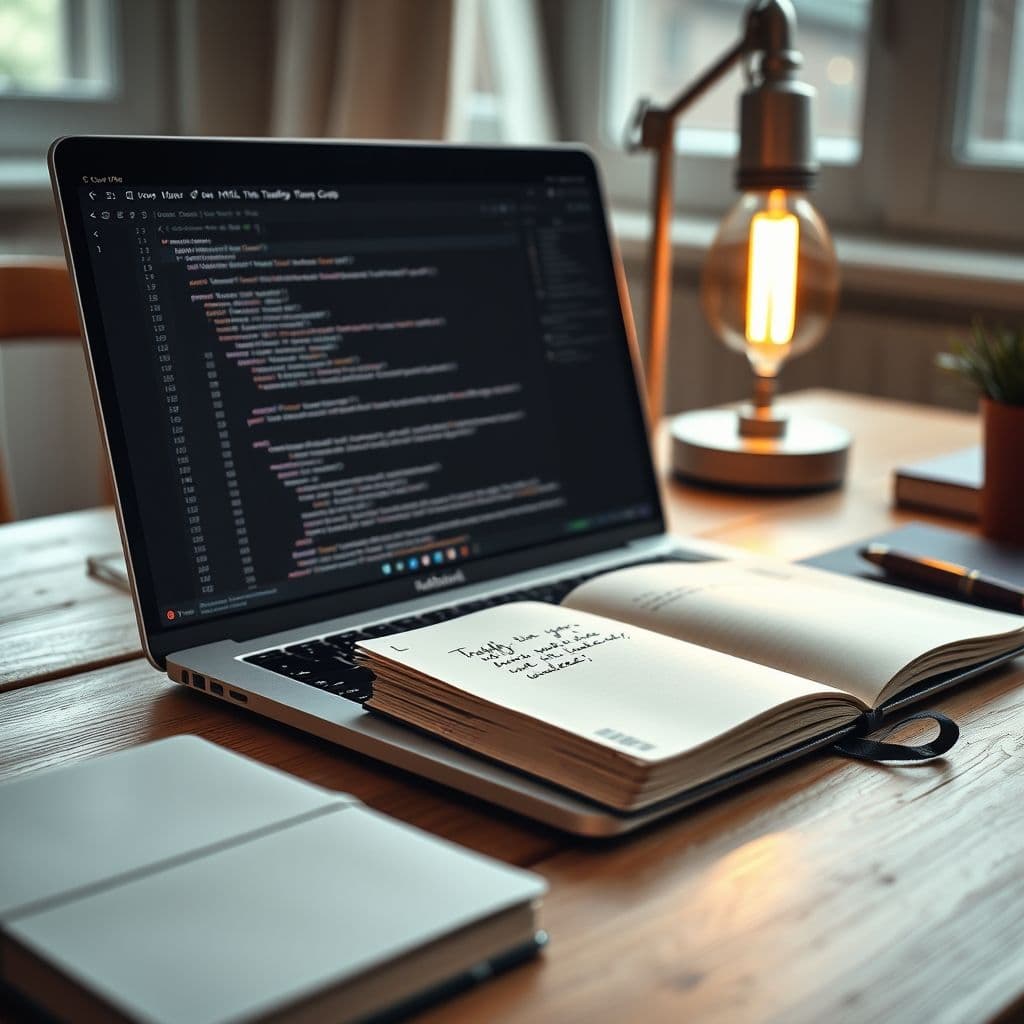 A beginner learning HTML/CSS on a laptop with code examples on the screen.