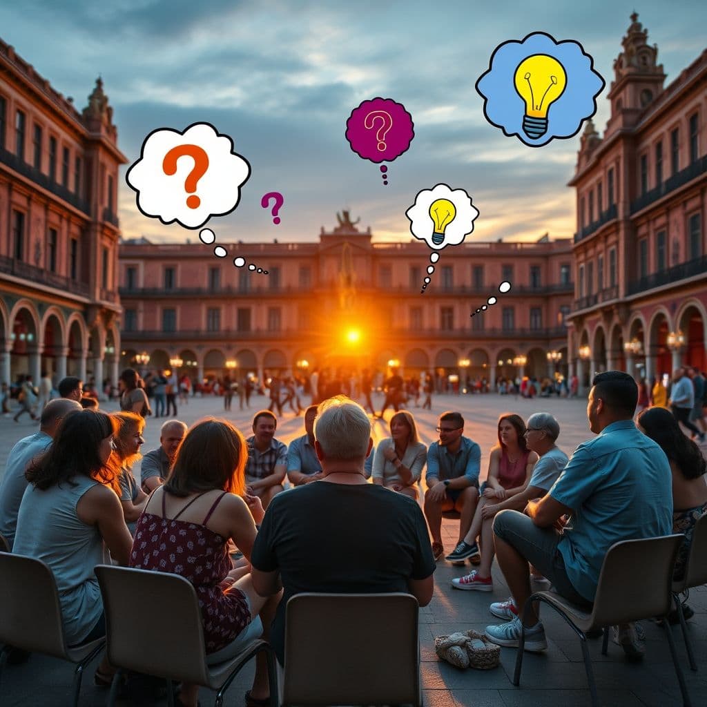 A group of people engaged in a lively discussion, with thought bubbles filled with questions.