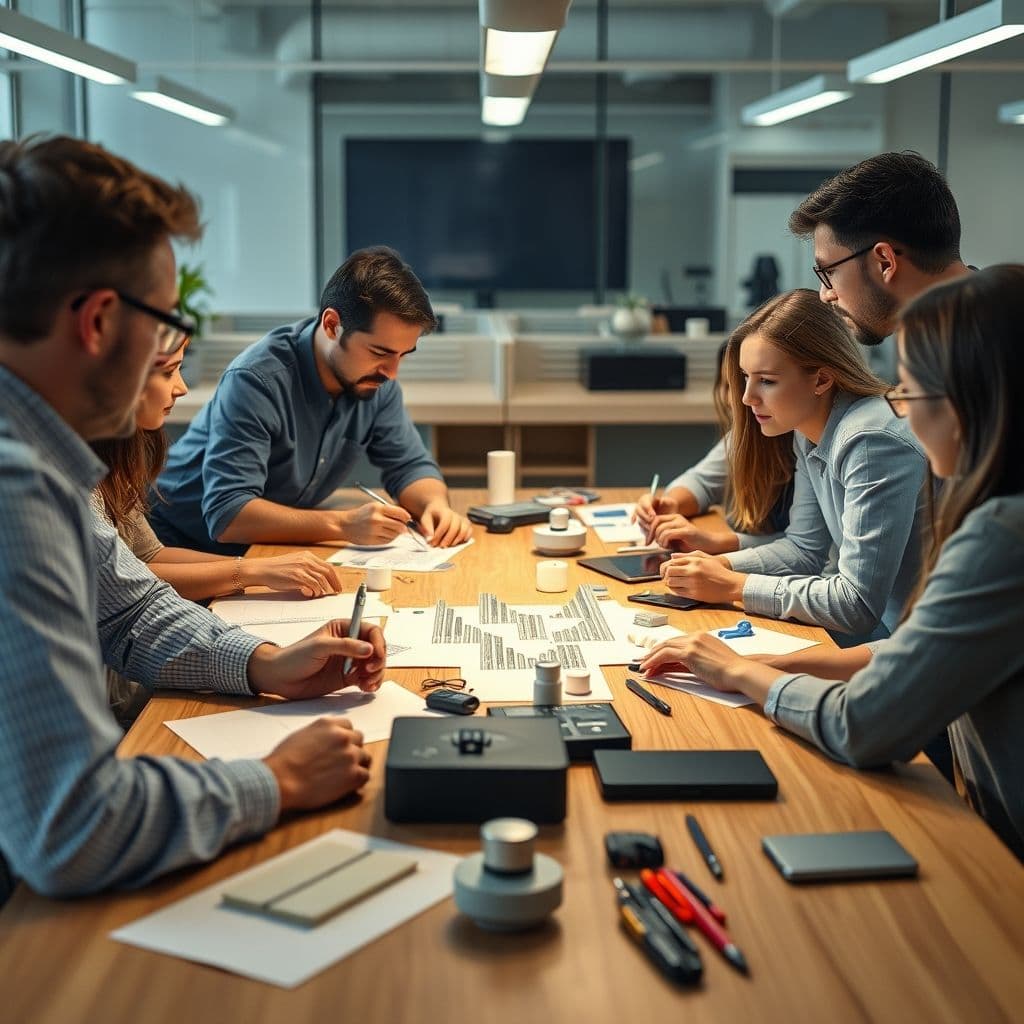 A diverse team collaborating on product development with sketches, prototypes, and digital tools on a table.