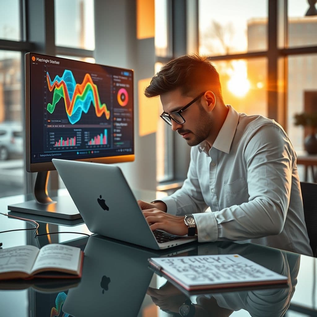 A data scientist analyzing a dataset on a computer screen with colorful graphs and charts.