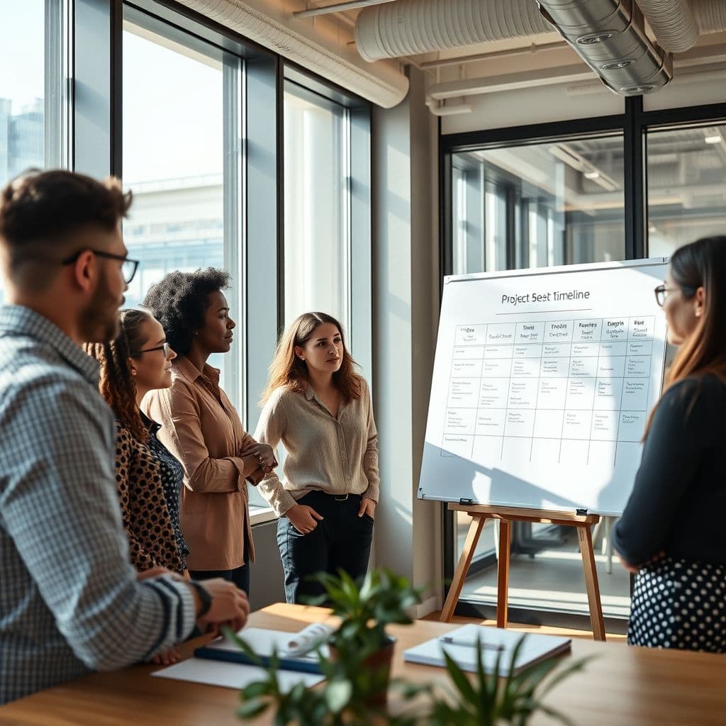 A professional project manager leading a team meeting with a project timeline visible on a whiteboard.