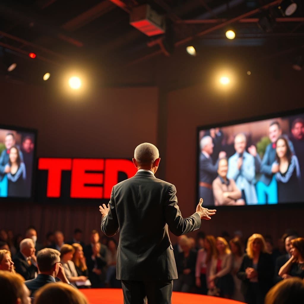 A transformational leader speaking passionately on a YouTube video, with a motivational backdrop.