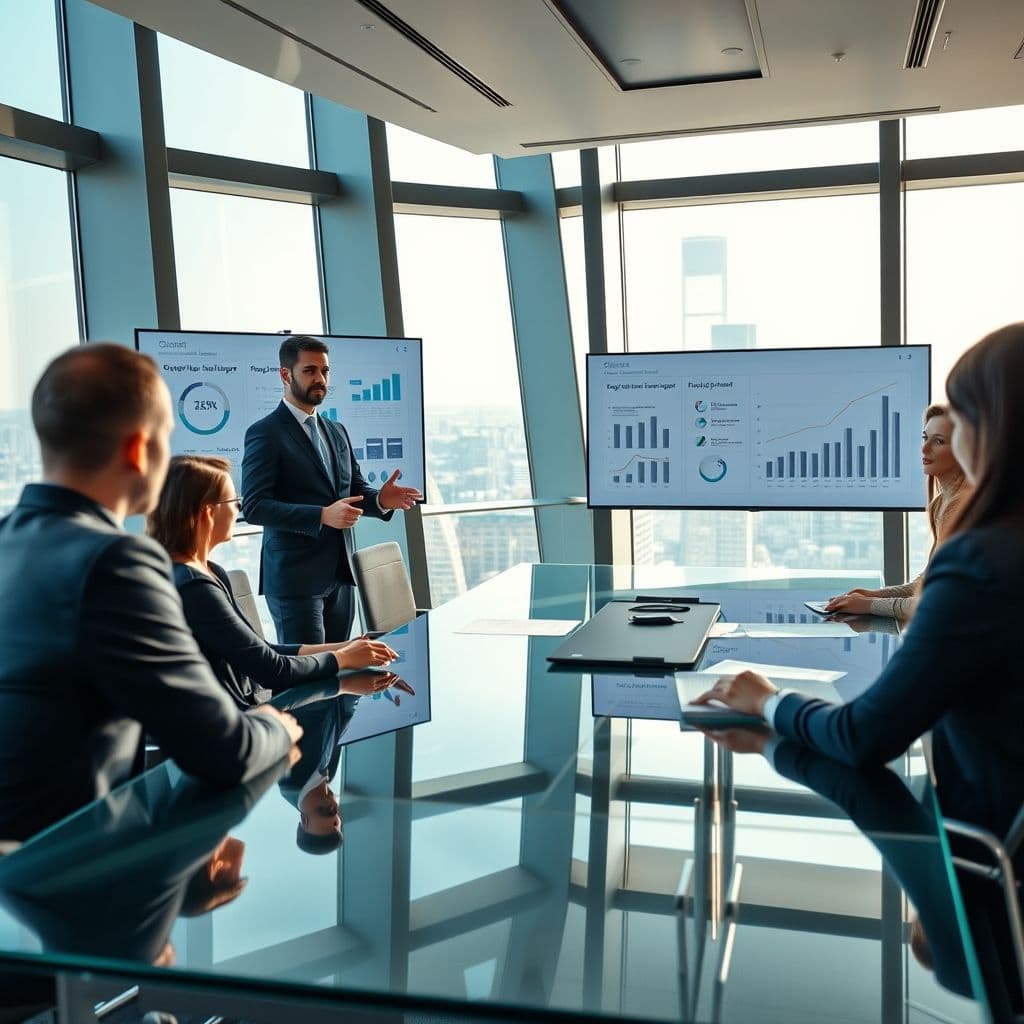 A leader presenting a business strategy to a team with charts and graphs.