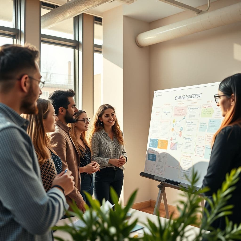 A team collaborating on a change management plan in a modern office setting.