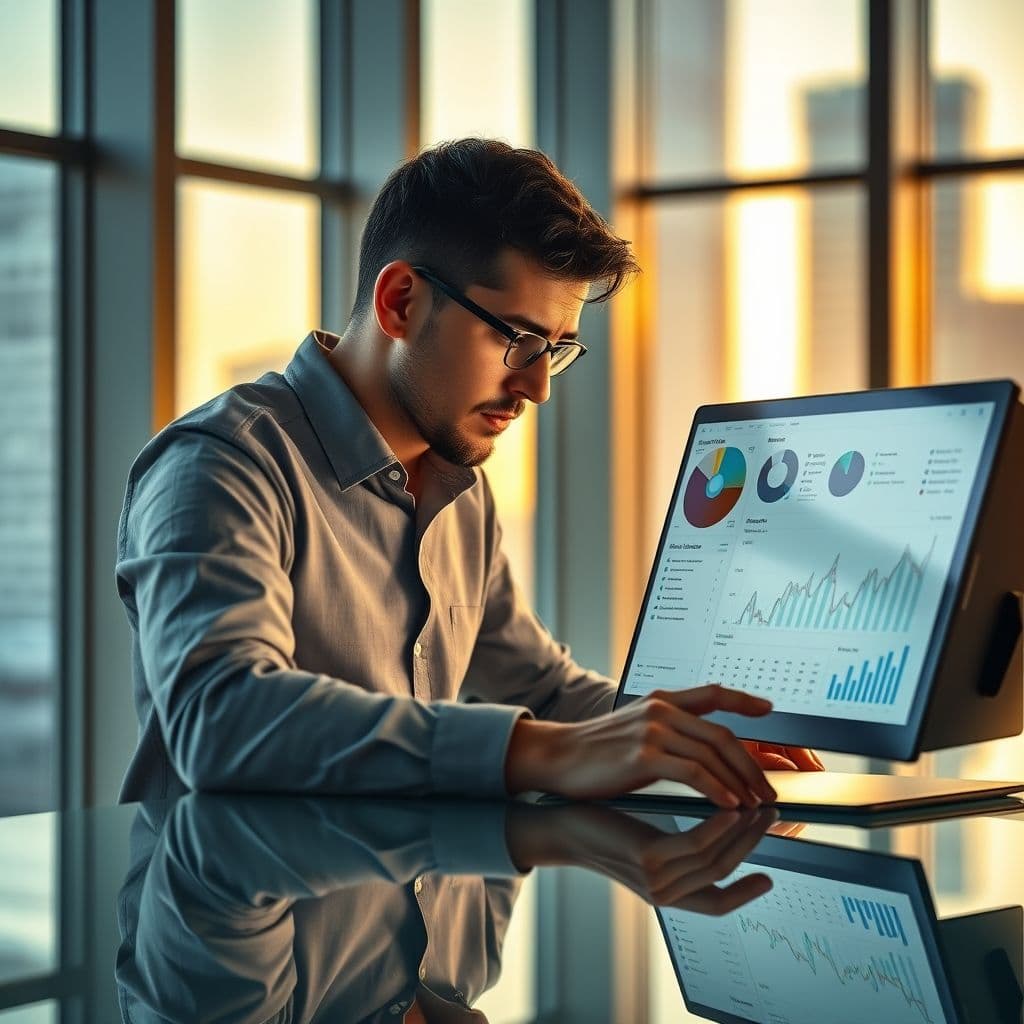 A sales professional analyzing customer data on a CRM dashboard.