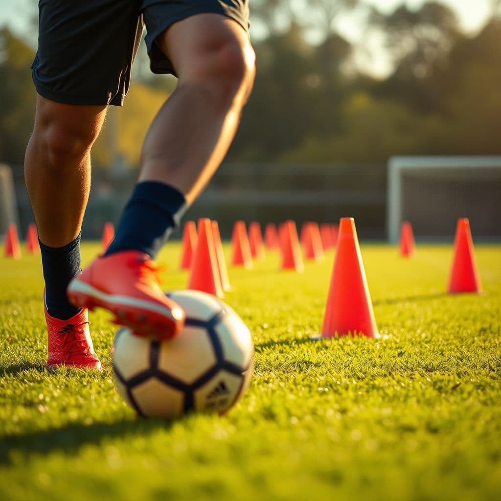 A player practicing dribbling through cones with precision.