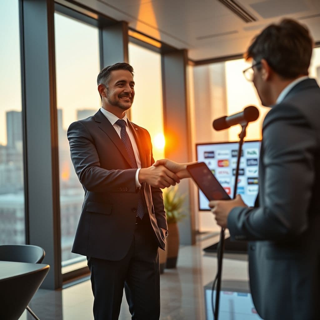A professional handshake between a PR expert and a journalist, symbolizing strong media relations.