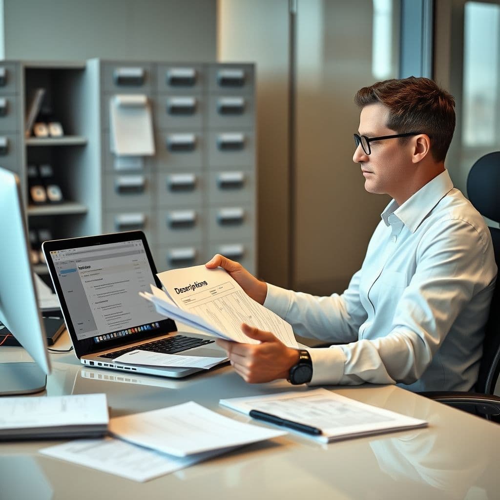 Professional reviewing job descriptions and evaluation matrices