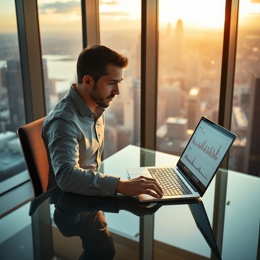 A product manager analyzing market data on a laptop.