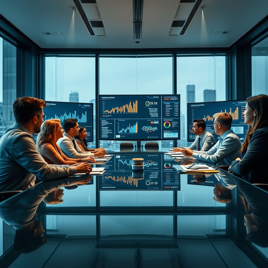 Professional marketing team analyzing corporate strategy data on multiple screens