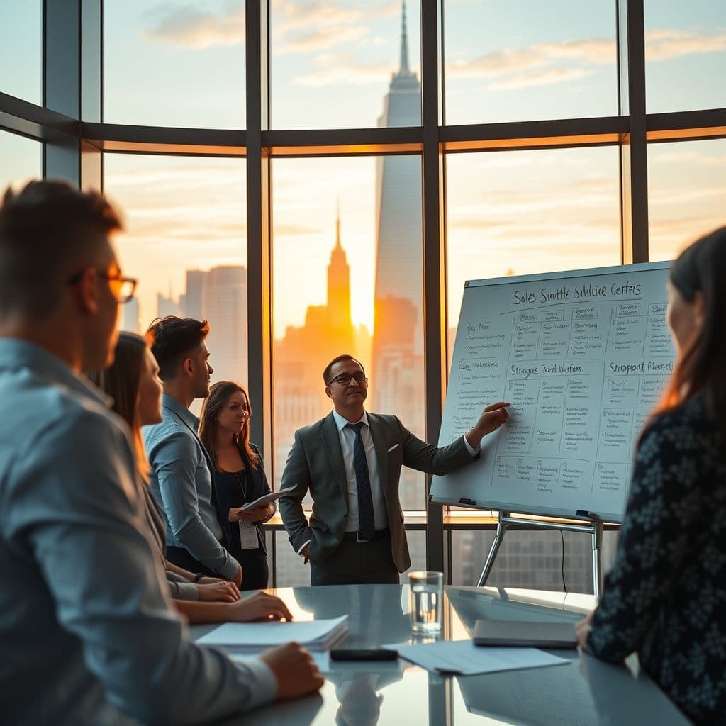 A dynamic leader guiding a sales team in a modern office setting.
