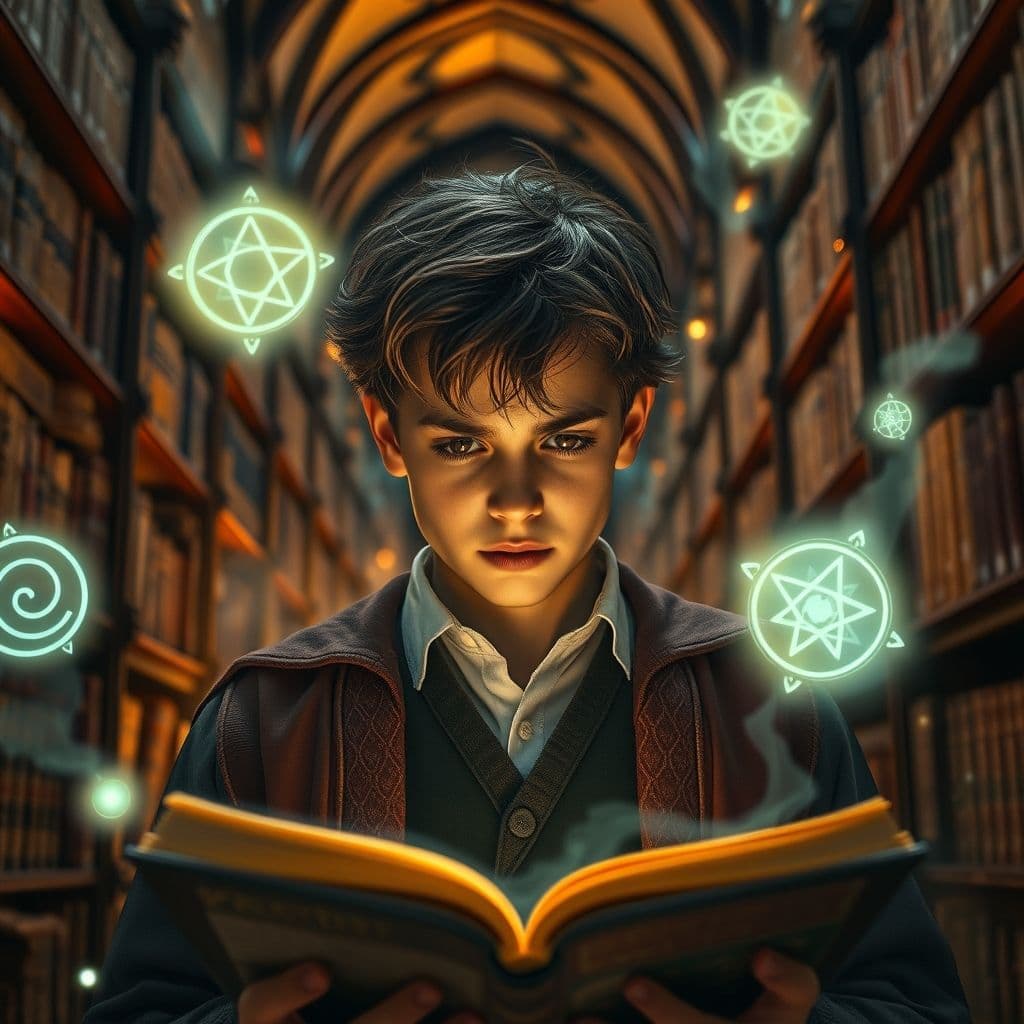 Young wizard studying magical theory books in Hogwarts library