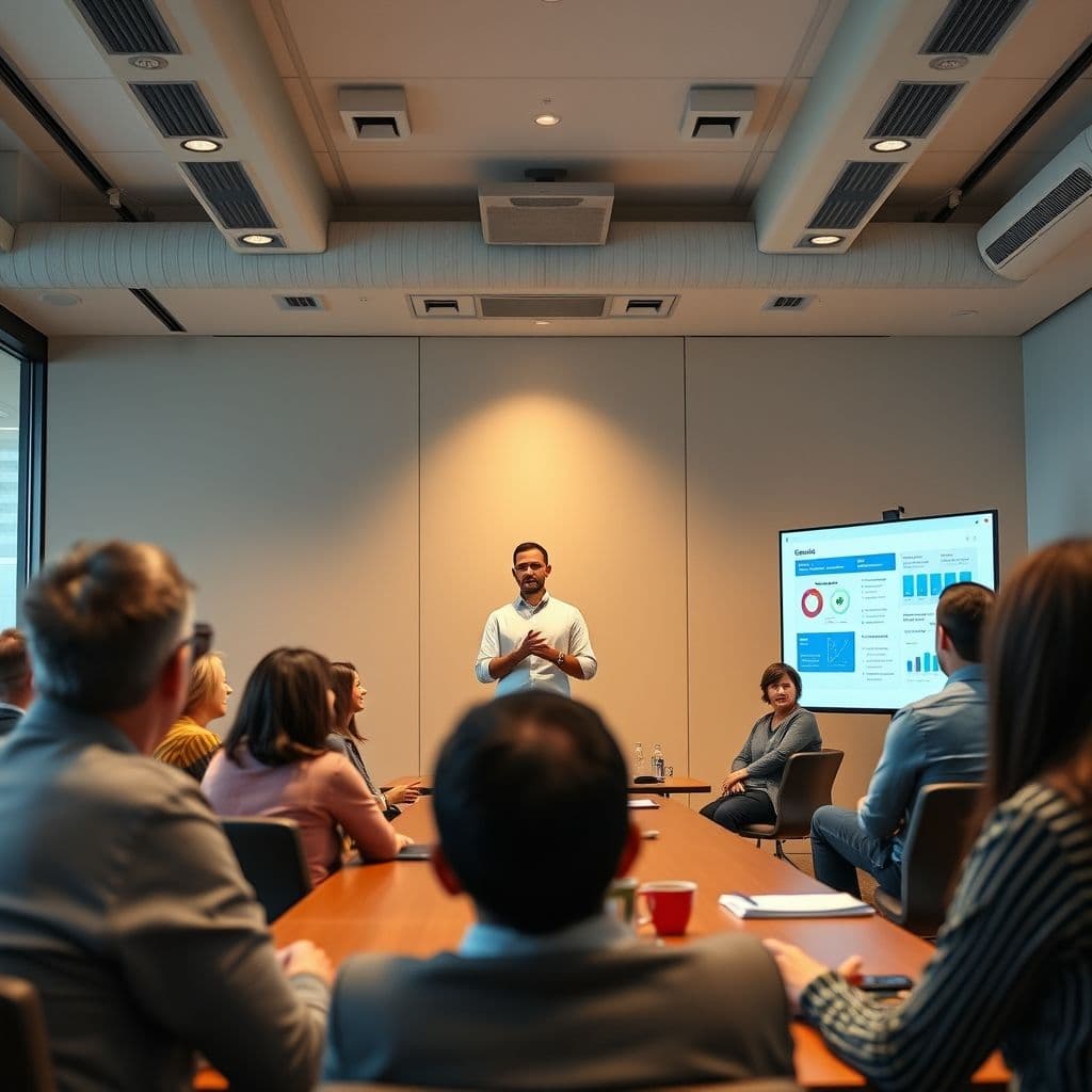 Customer success manager conducting product demonstration to engaged clients