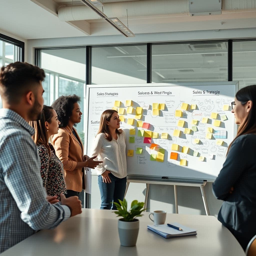 A team brainstorming a go-to-market strategy on a whiteboard.