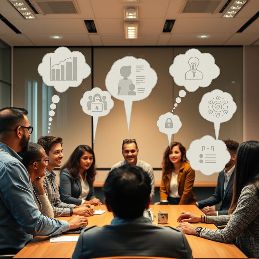 Diverse group of professionals with thought bubbles showing different motivations