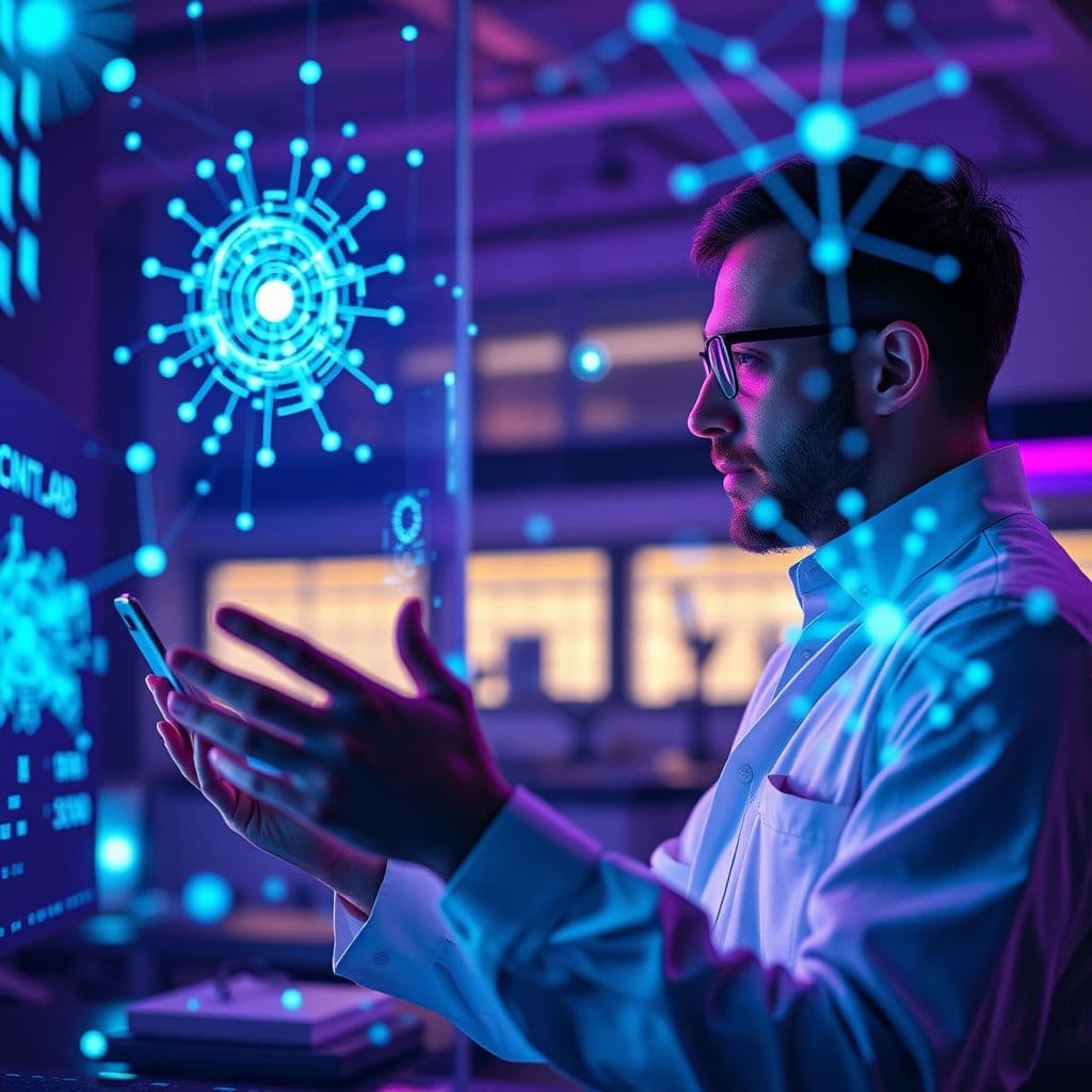 A futuristic illustration of data science concepts with glowing data points and algorithms.