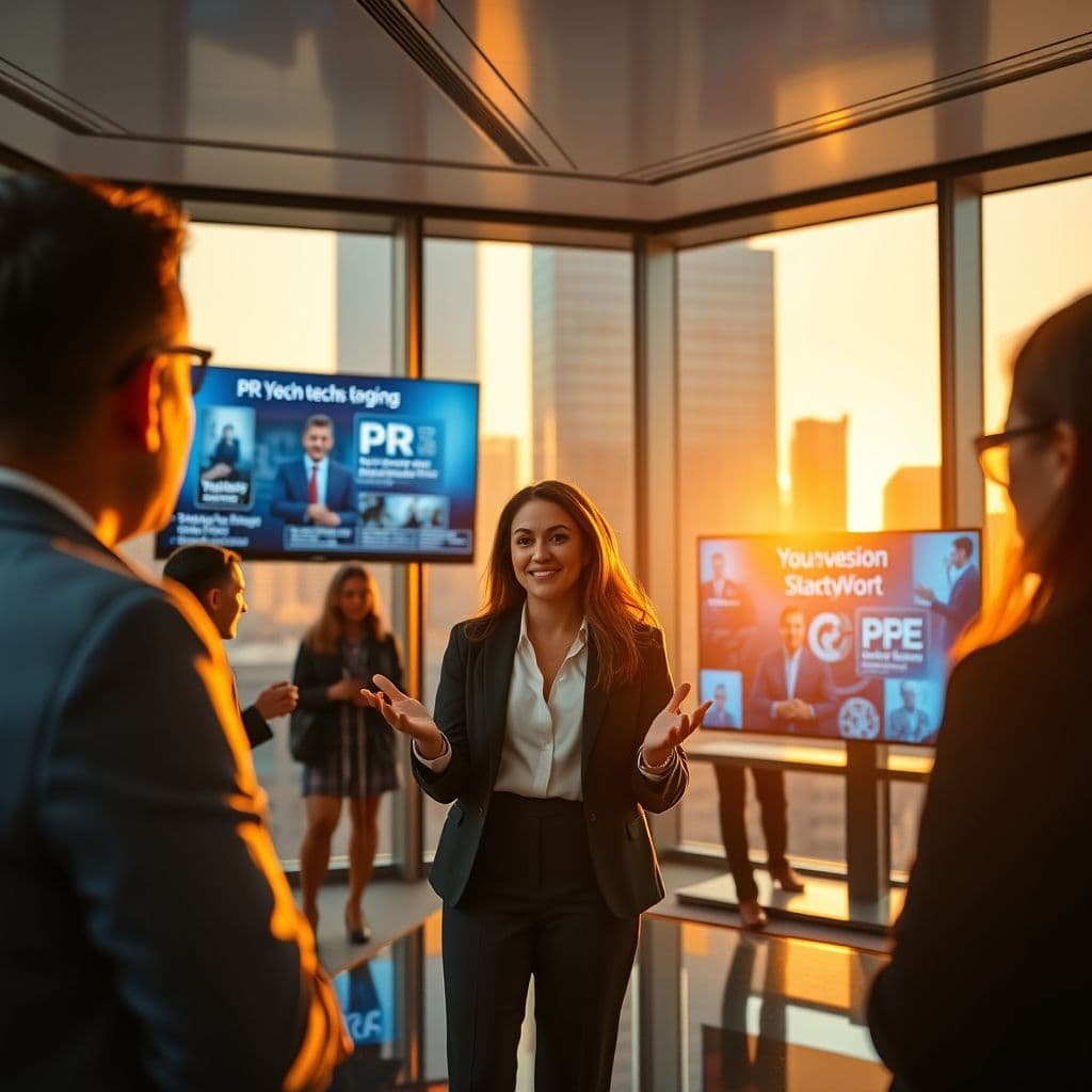 A confident publicist presenting to a media team in a modern office setting.