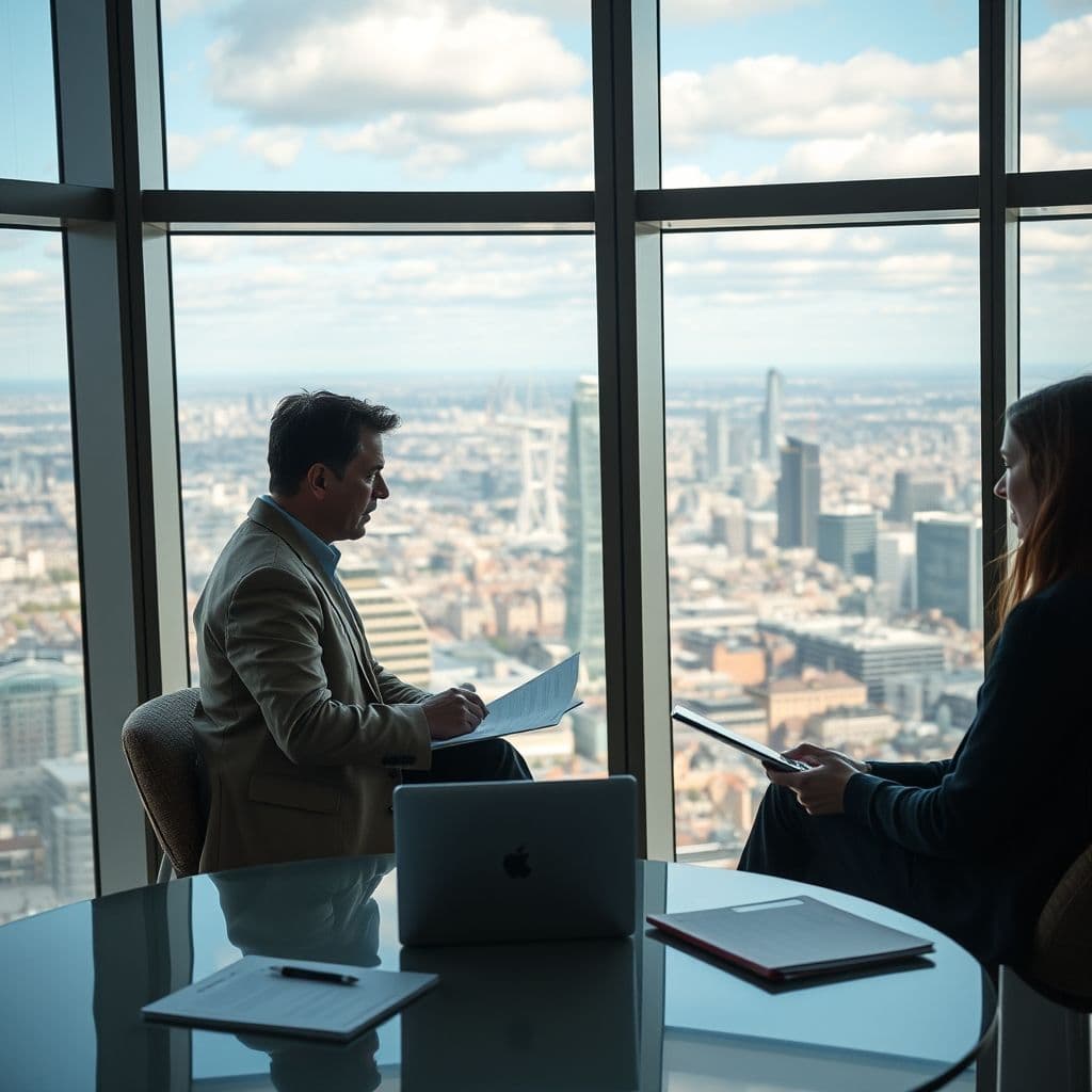 Professional mentoring conversation between two people in a modern office setting