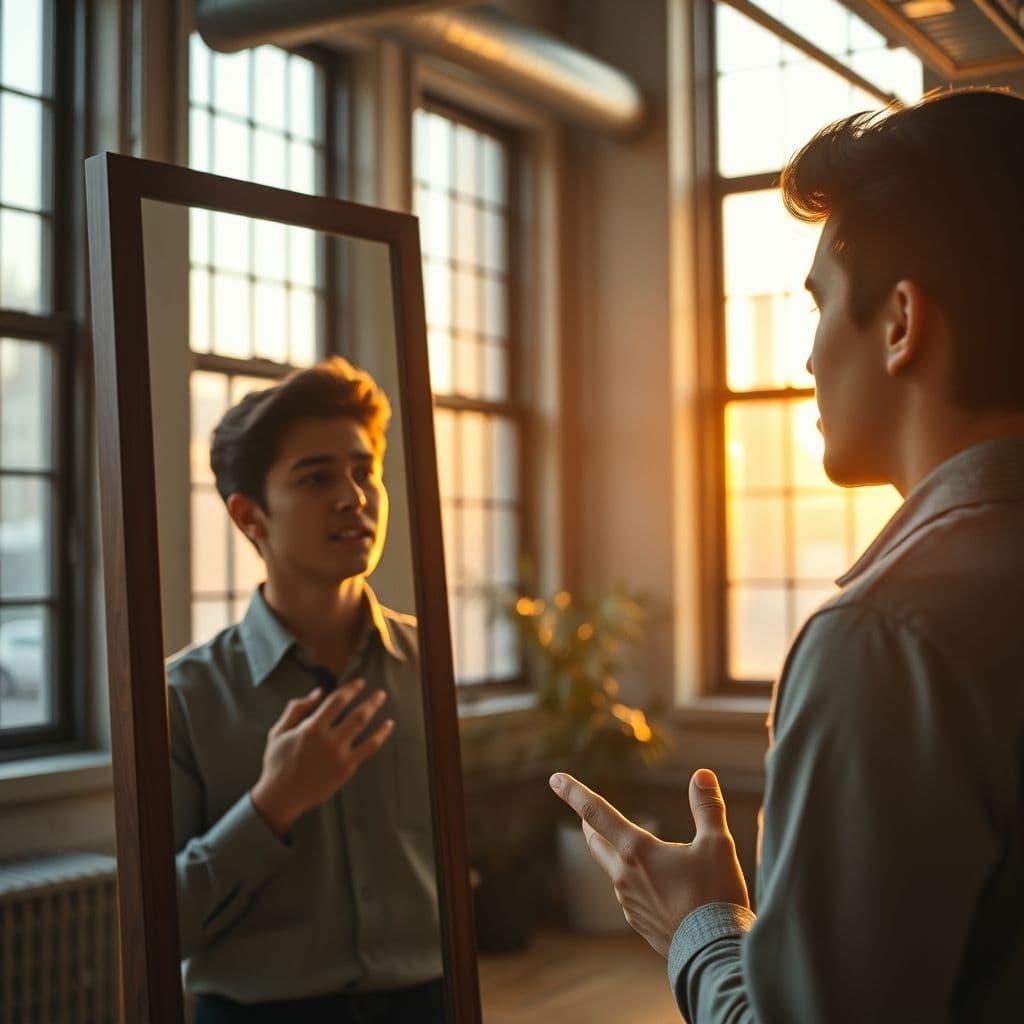 A speaker practicing vocal variety and body language in front of a mirror.