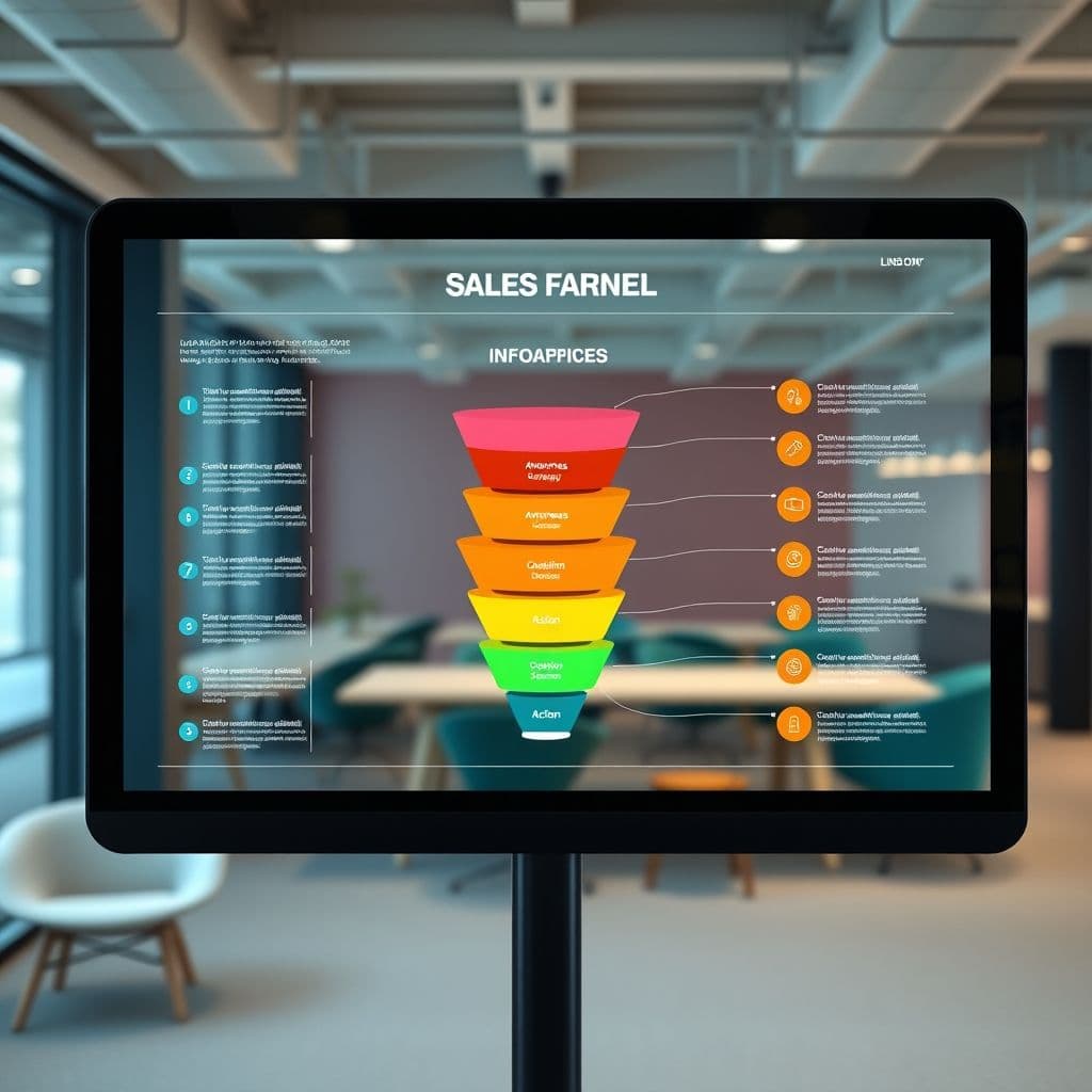 Illustration of a sales funnel with stages labeled awareness, interest, decision, and action.