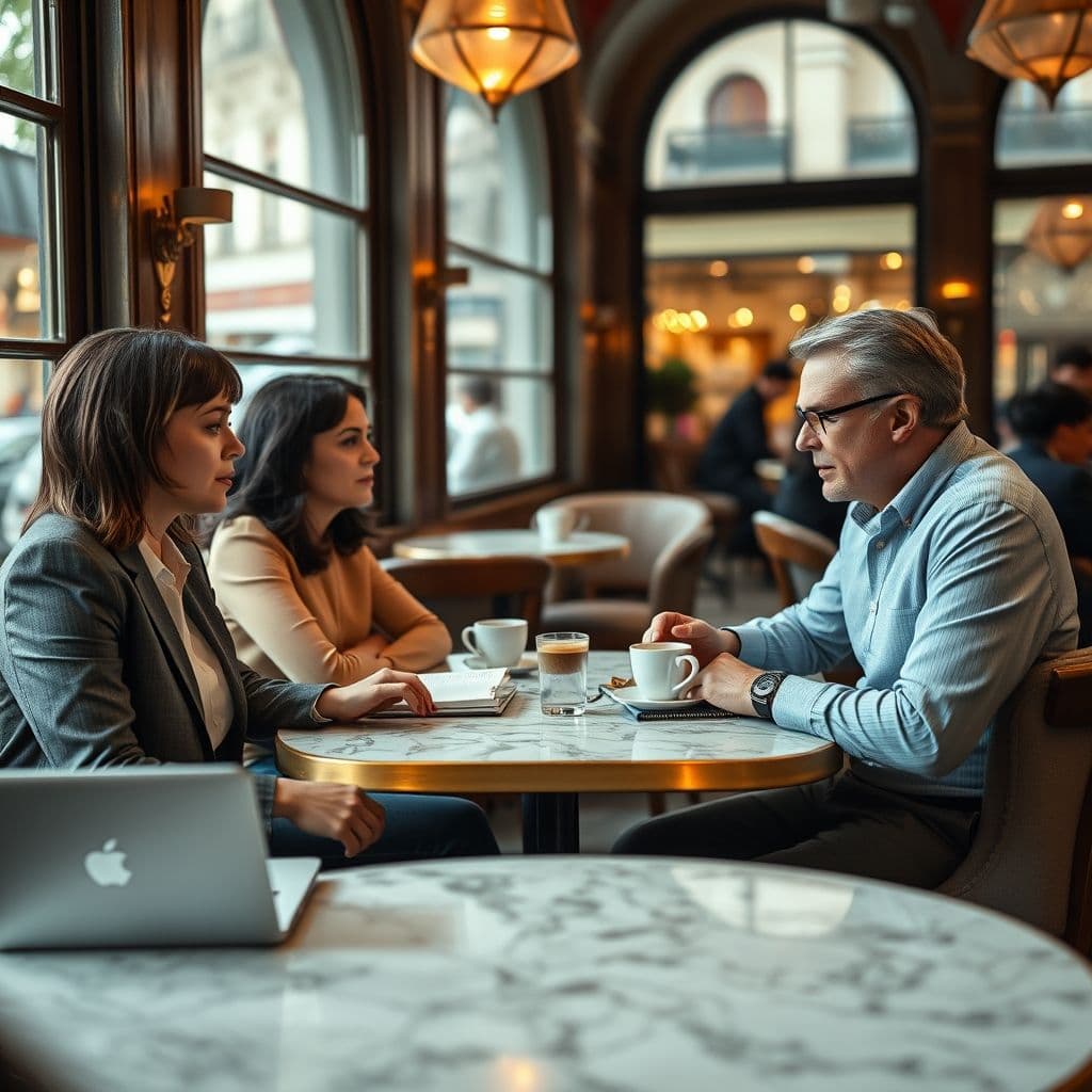 A PR professional discussing media strategies with a journalist.