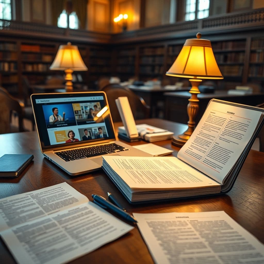 Speaker organizing speech materials and visual aids on a desk