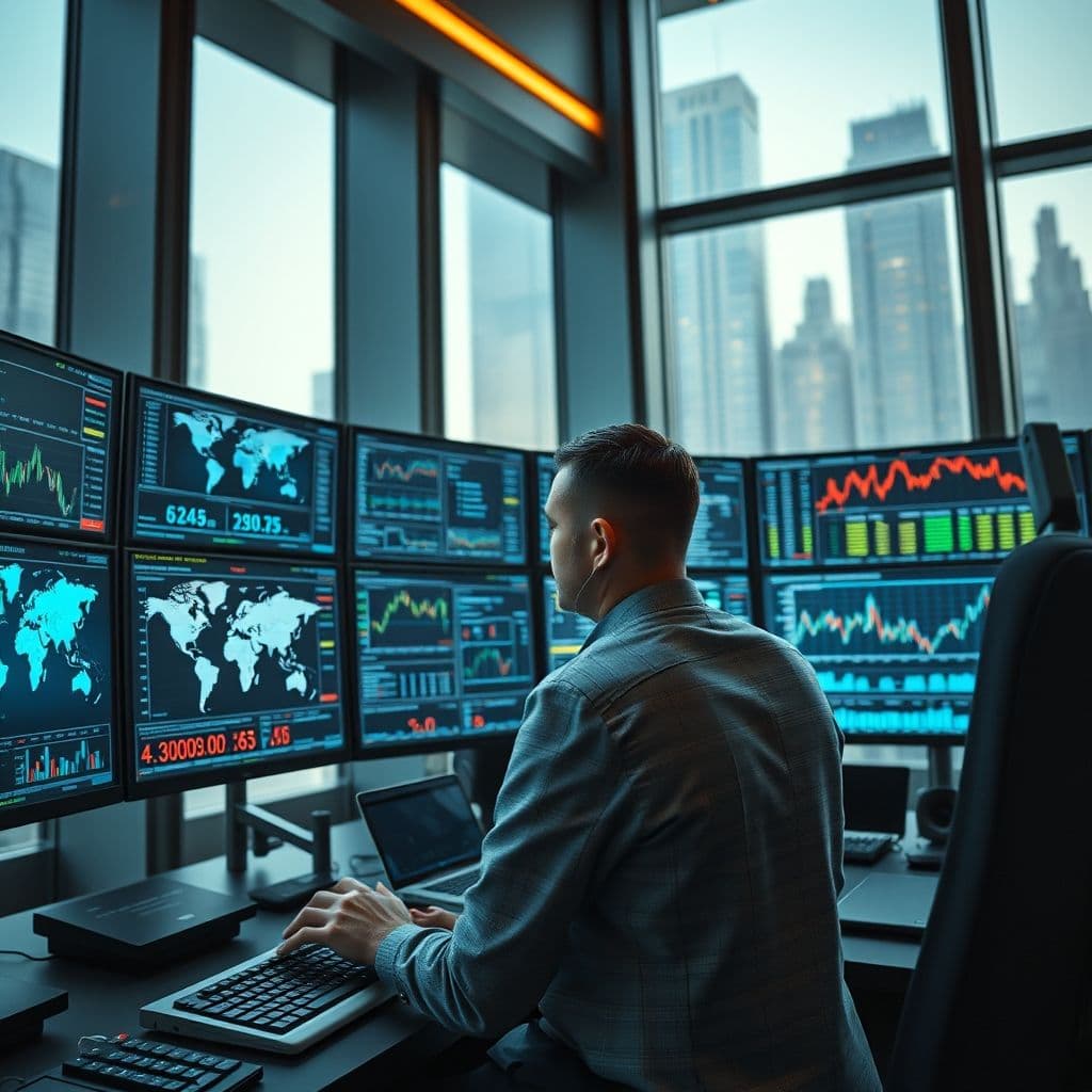 Professional financial controller analyzing global market data on multiple screens in modern office