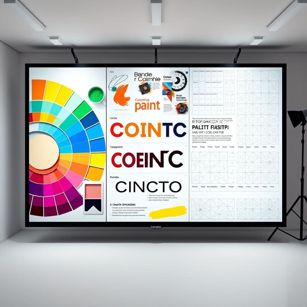 Visual demonstration of color theory, typography samples, and layout grids