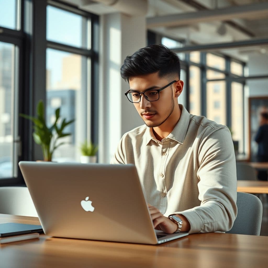 A young professional analyzing market data on a laptop.