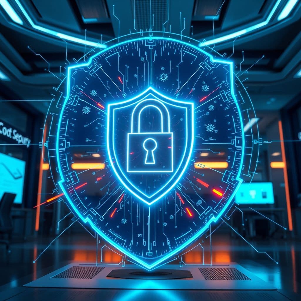 A futuristic digital shield protecting corporate data from cyber threats.