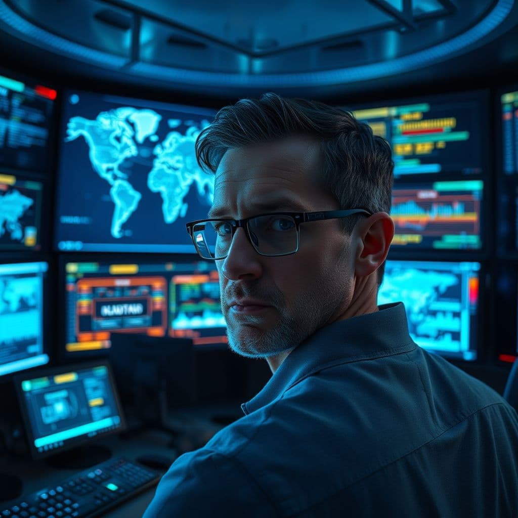 A cybersecurity professional analyzing emerging threats on a digital dashboard.