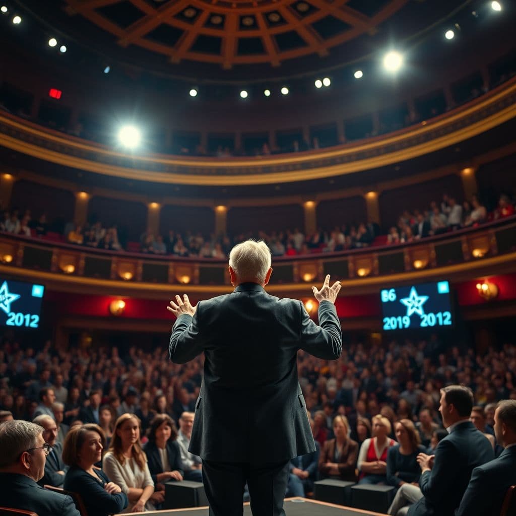Illustration of a confident speaker addressing an audience.