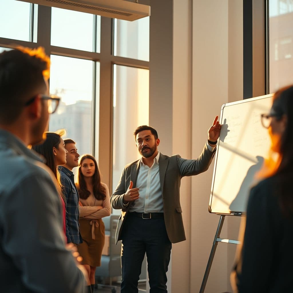 A transformational leader inspiring a team with a compelling vision.