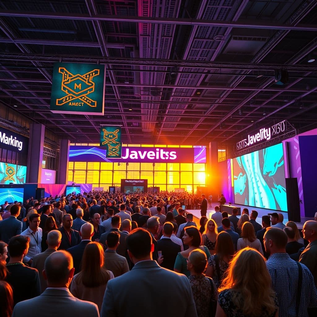 A dynamic marketing event with engaged attendees and vibrant branding.