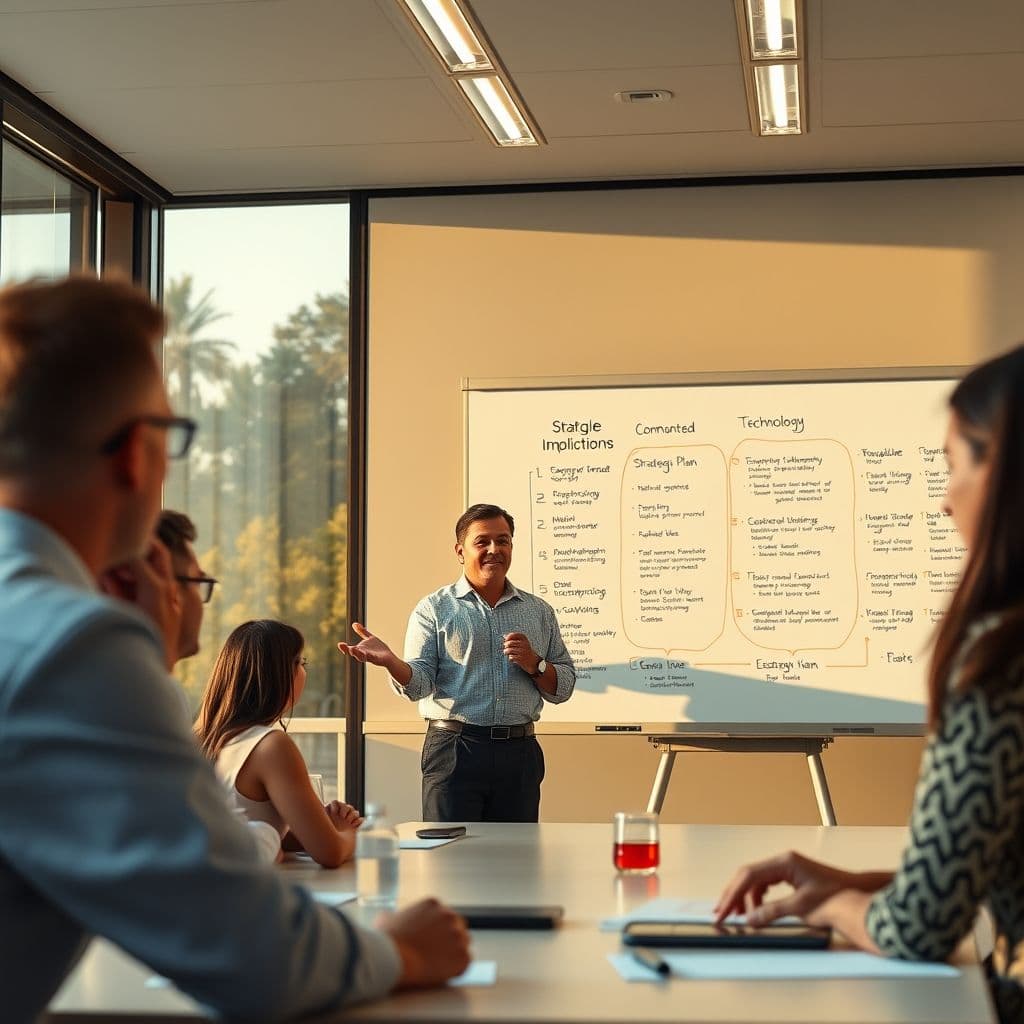 A senior director leading an engineering team with a whiteboard full of strategic plans.