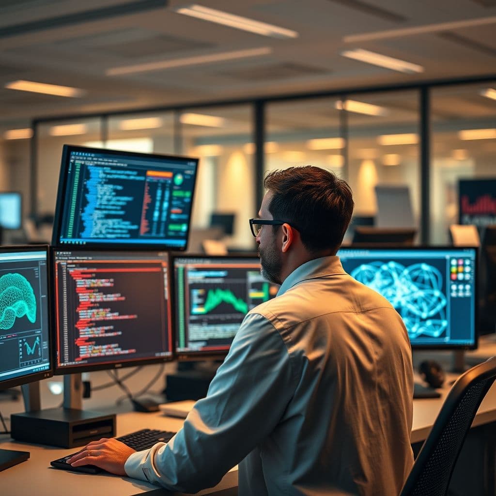Professional data scientist working on machine learning models with multiple screens showing code and visualizations